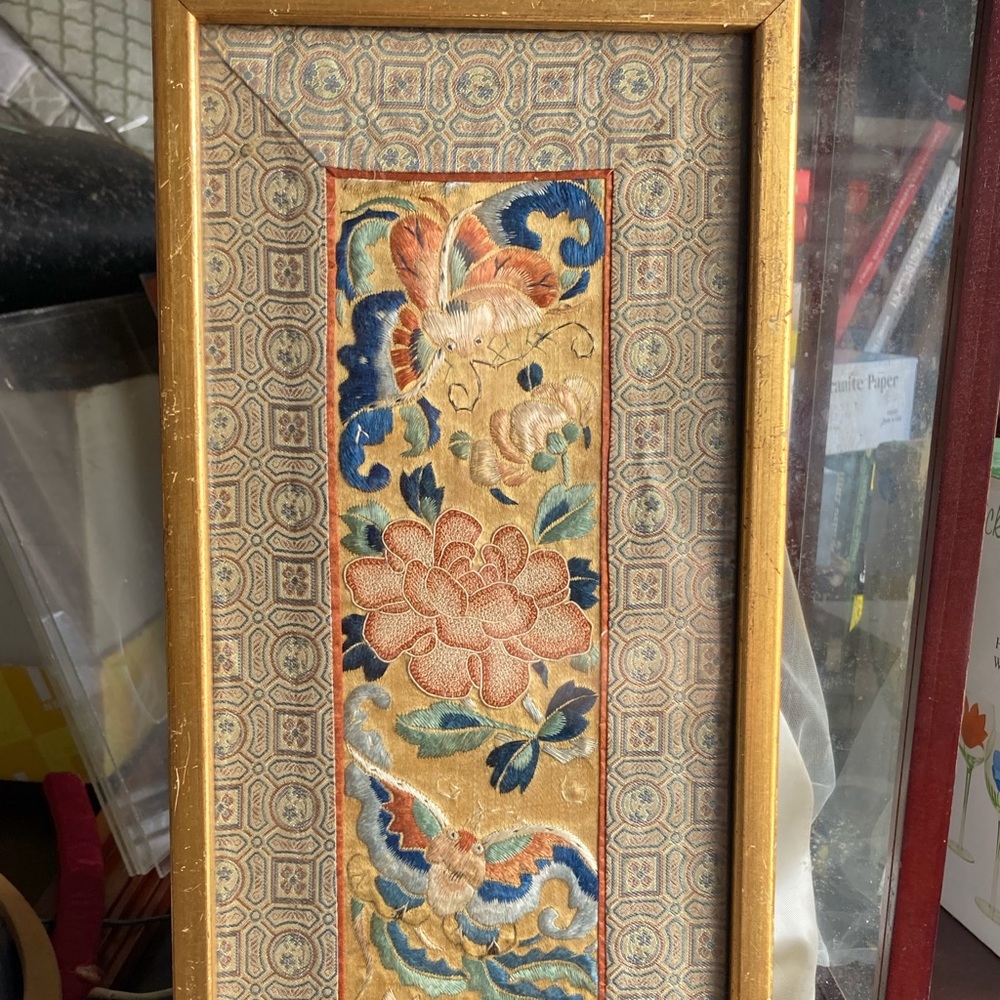 Gold Silk Embroidery Chinese Tapestry Flowers Art Wooden Frame
